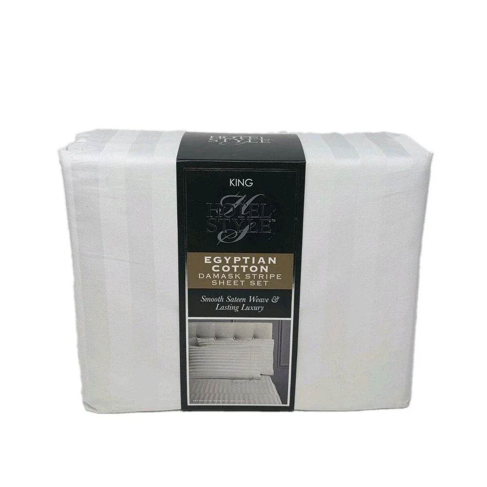 Hotel Style 600TC Egyptian Cotton Sateen 4pc King Size Sheet Set, White Stripe